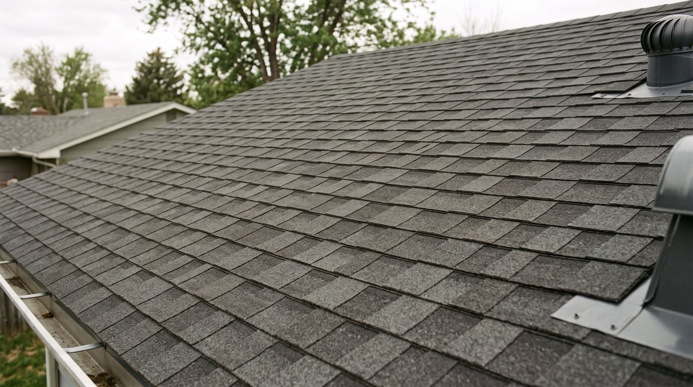 The same roof slope after replacement with new charcoal architectural shingles