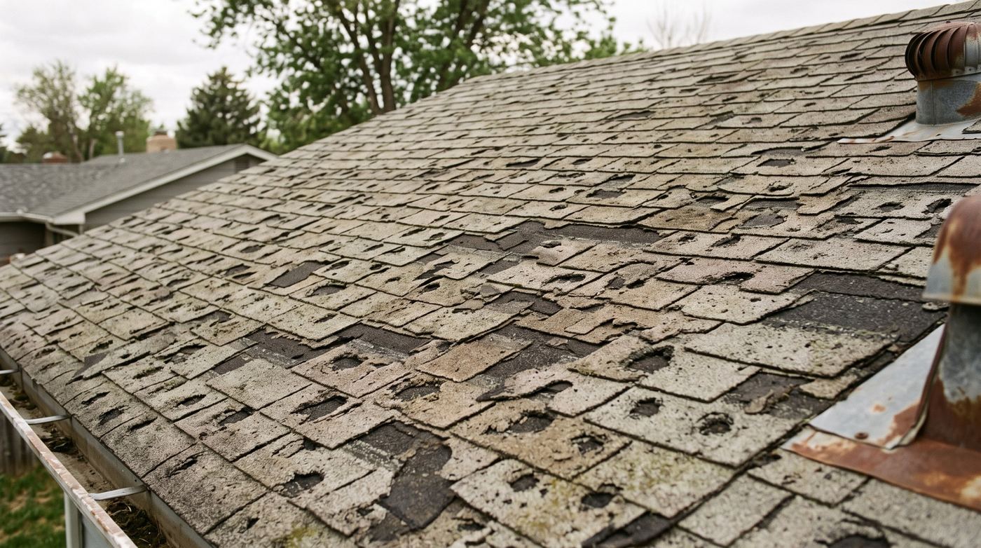 Hail-damaged shingles with missing granules