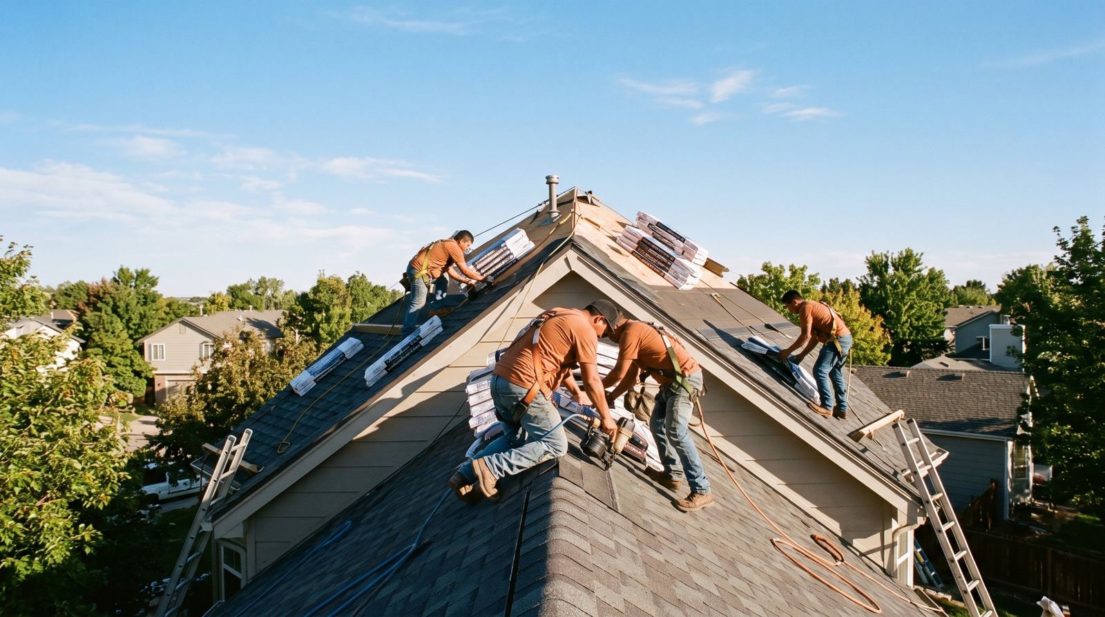 Four roofers installing shingles on a gable roof