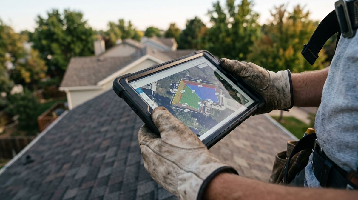 Roofer holding a tablet with roof measurements