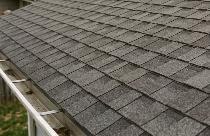 Seamless aluminum gutter along a shingle roof edge