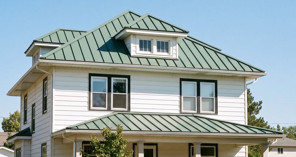 Green standing seam metal roof on a white foursquare house